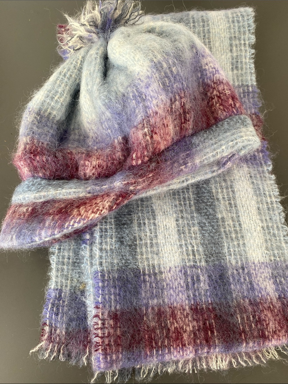 VTG Purple & Blue Plaid Mohair / Wool Blend Scarf & Cascade Cap Set Ireland Made